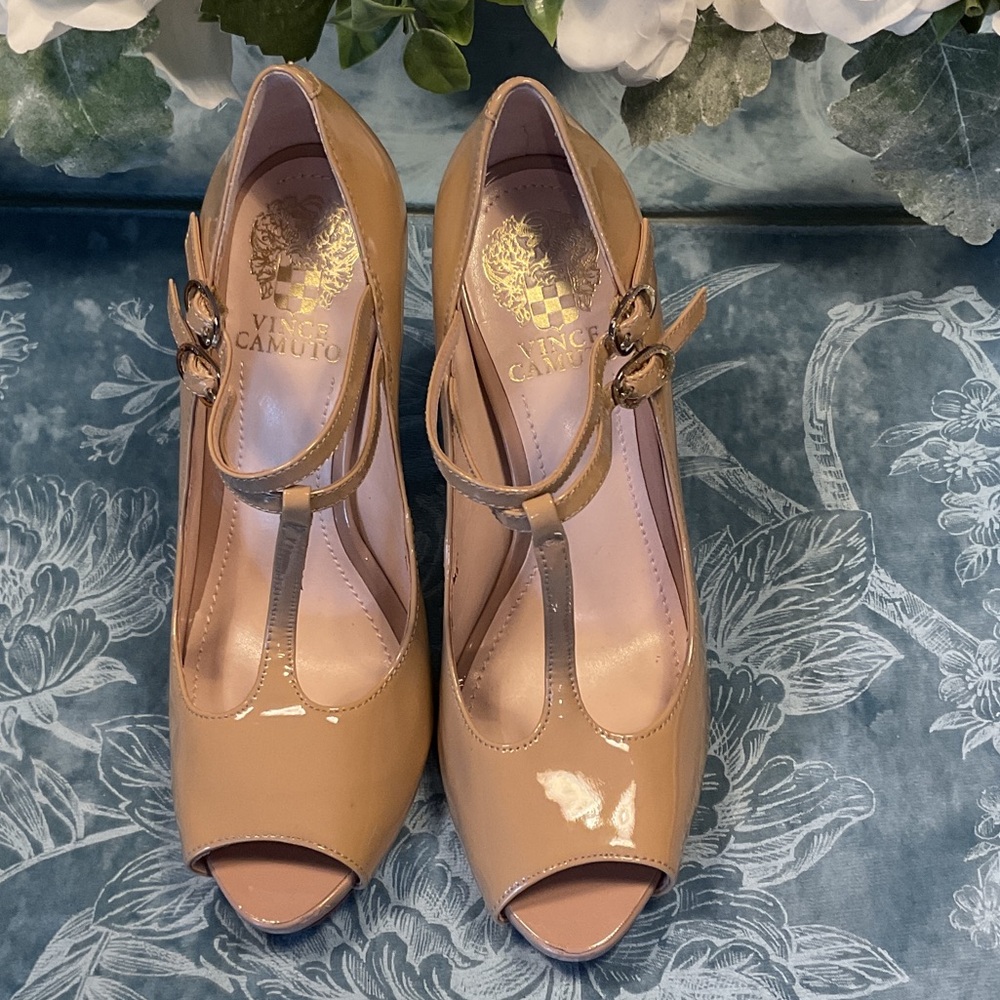 Vince Camuto Nude Patent T-Strap Peep-Toe Heels - Picture 2 of 7